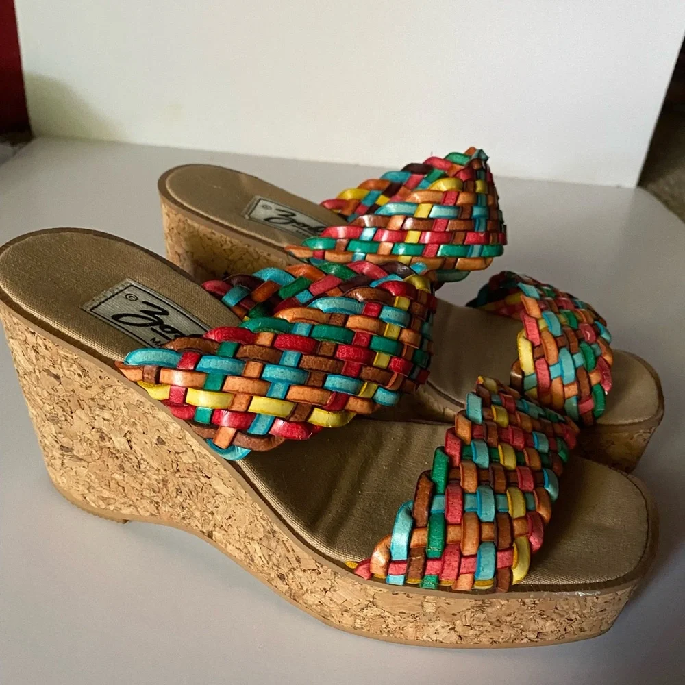 Vintage 70s Rare Zodiac Colorful Strap Wedges Heels 7b from Spain - Picture 1 of 7